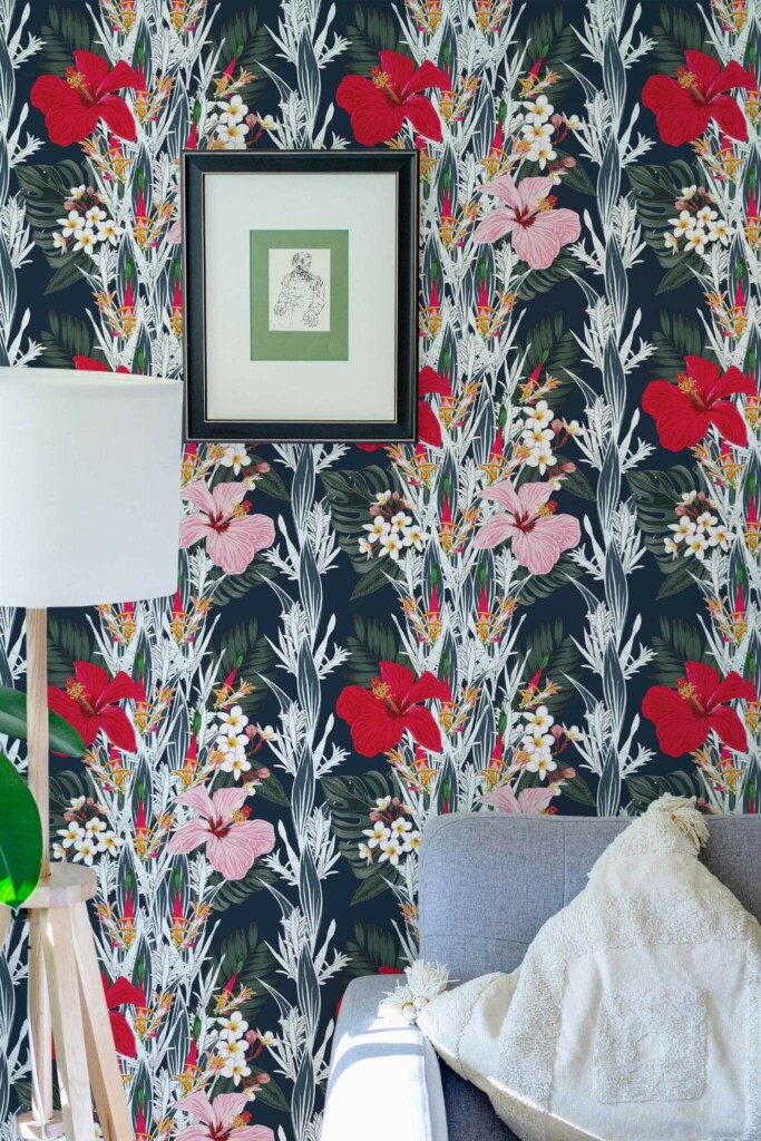 Eastern European style living room decorated with Bold tropical floral peel and stick wallpaper