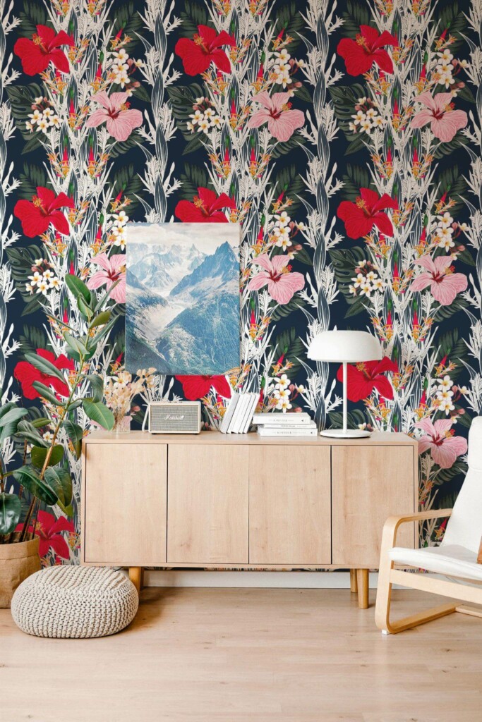 Scandinavian style living room decorated with Bold tropical floral peel and stick wallpaper