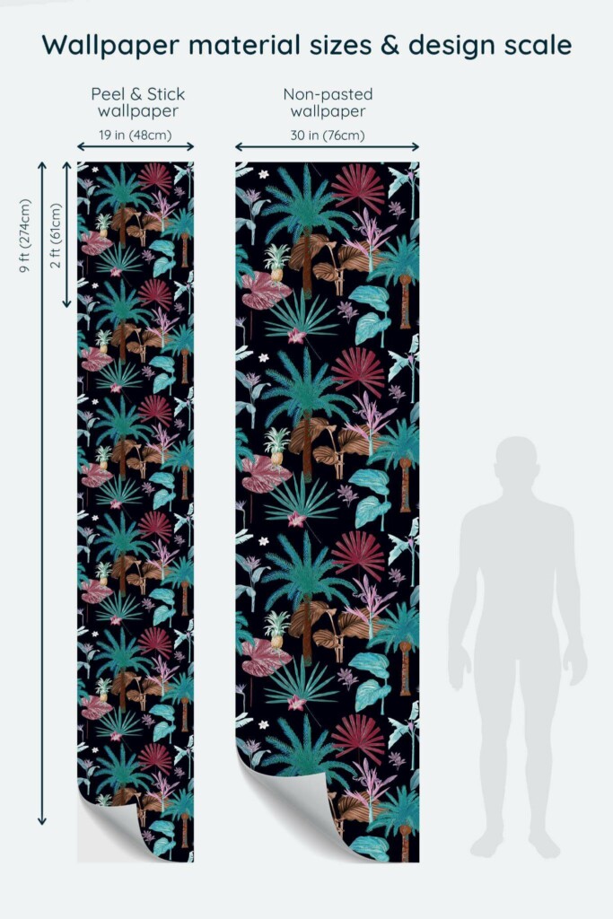 Size comparison of Bold tropical Peel & Stick and Non-pasted wallpapers with design scale relative to human figure