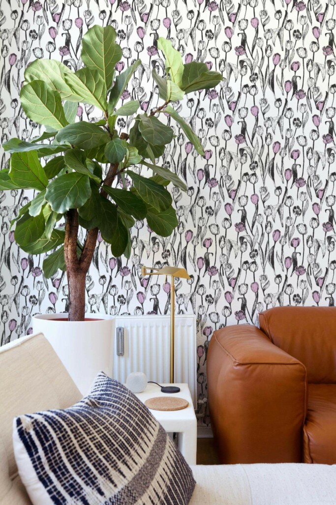 Mid-century style living room decorated with Bold tulip flower peel and stick wallpaper