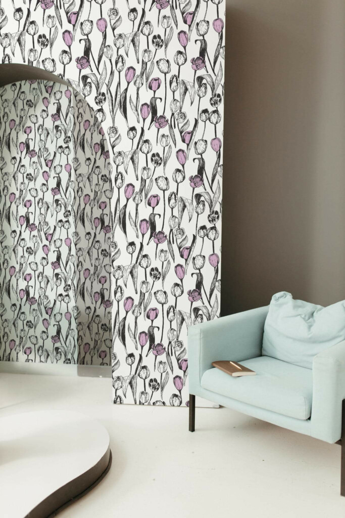 Mondern boho style living room decorated with Bold tulip flower peel and stick wallpaper