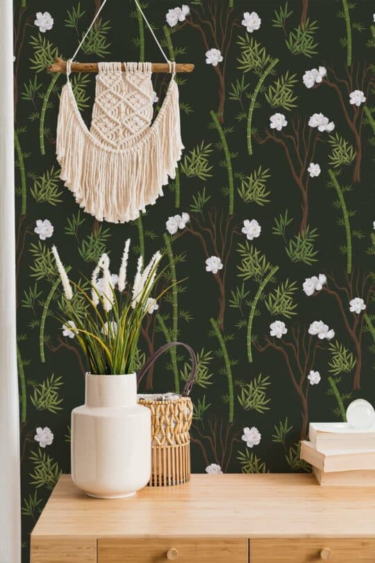 botanical dark green traditional wallpaper