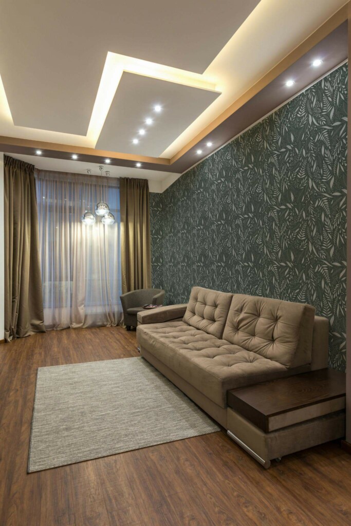 Modern Eastern European style living room decorated with Botanical leaf peel and stick wallpaper