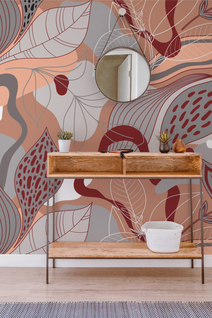 Gray abstract leaf pattern with terracotta tones wallpaper mural design by Fancy Walls peel and stick wall murals