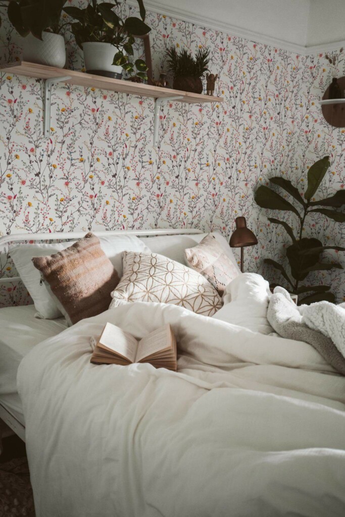 Boho style bedroom decorated with Botanical peel and stick wallpaper