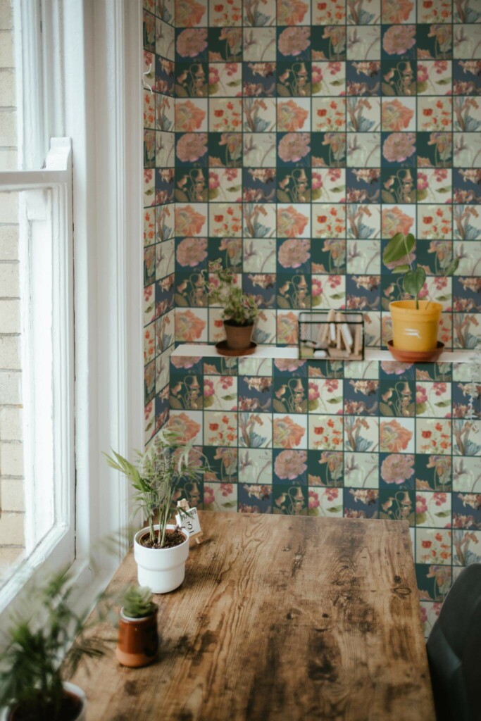 Farmhouse style home office decorated with Botanical tiles peel and stick wallpaper