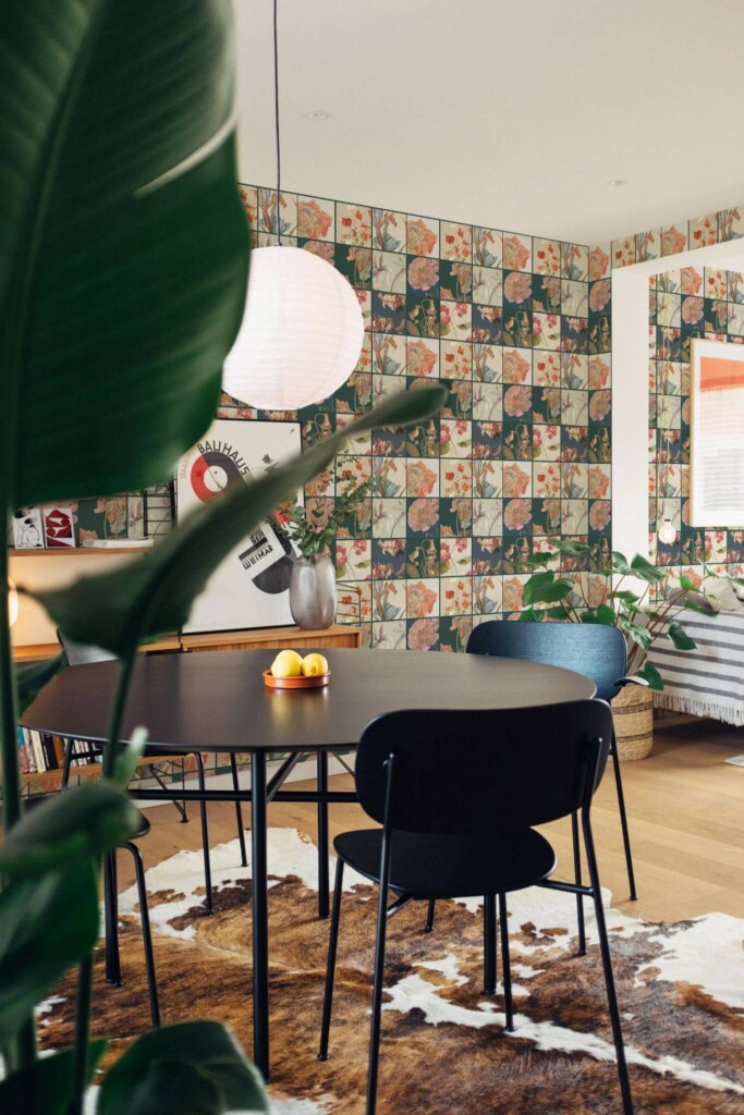 Scandinavian style dining room decorated with Botanical tiles peel and stick wallpaper