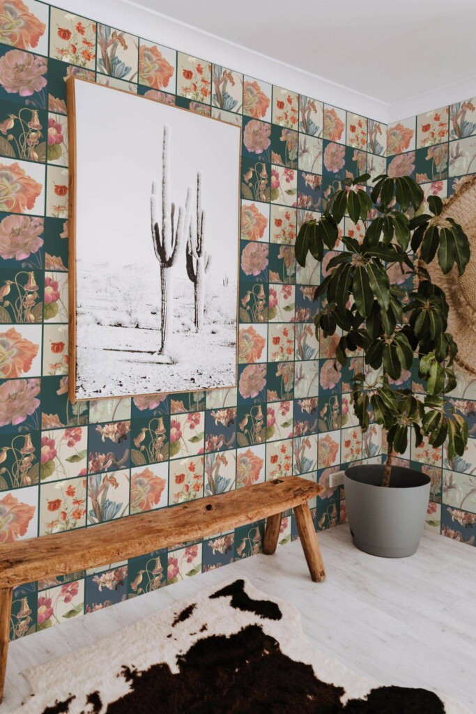 Scandinavian style entryway decorated with Botanical tiles peel and stick wallpaper
