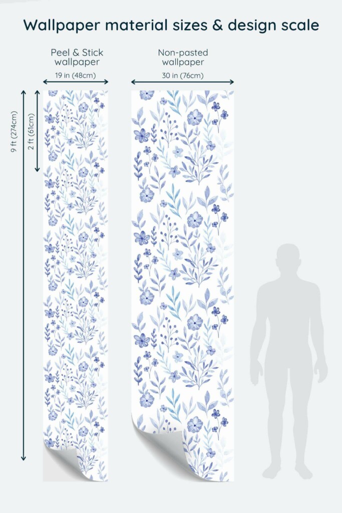 Size comparison of Botanical Peel & Stick and Non-pasted wallpapers with design scale relative to human figure