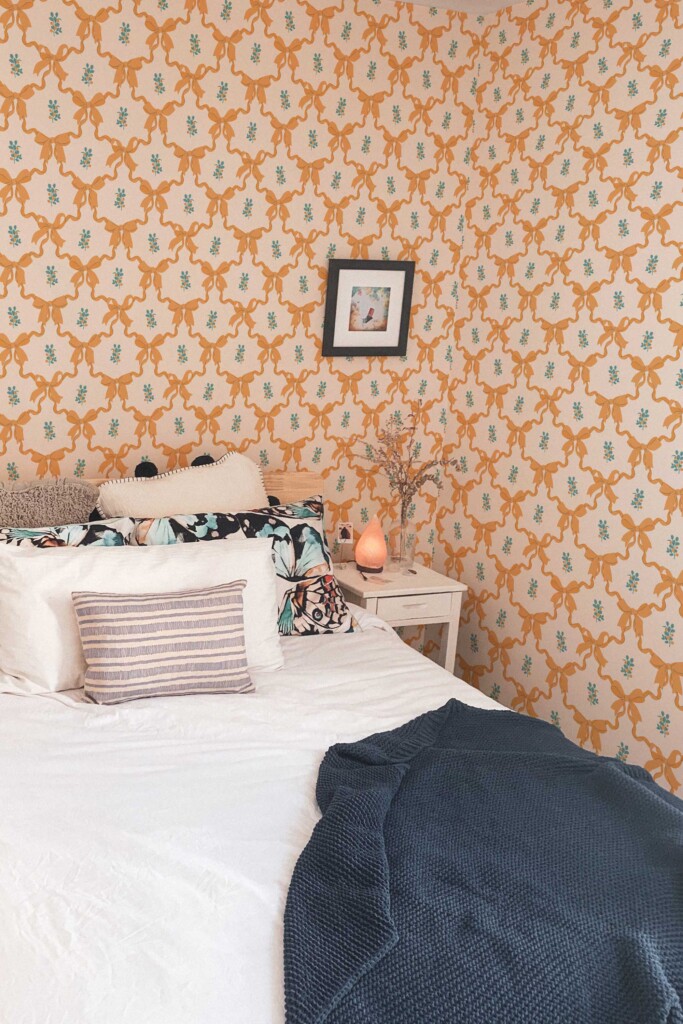 Beige Floral self-adhesive wallpaper with orange bows by Fancy Walls