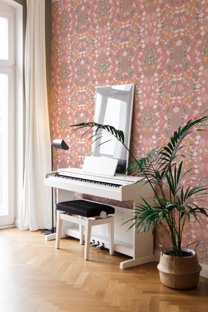 Modern style living room with a piano decorated with Bramble garden peel and stick wallpaper