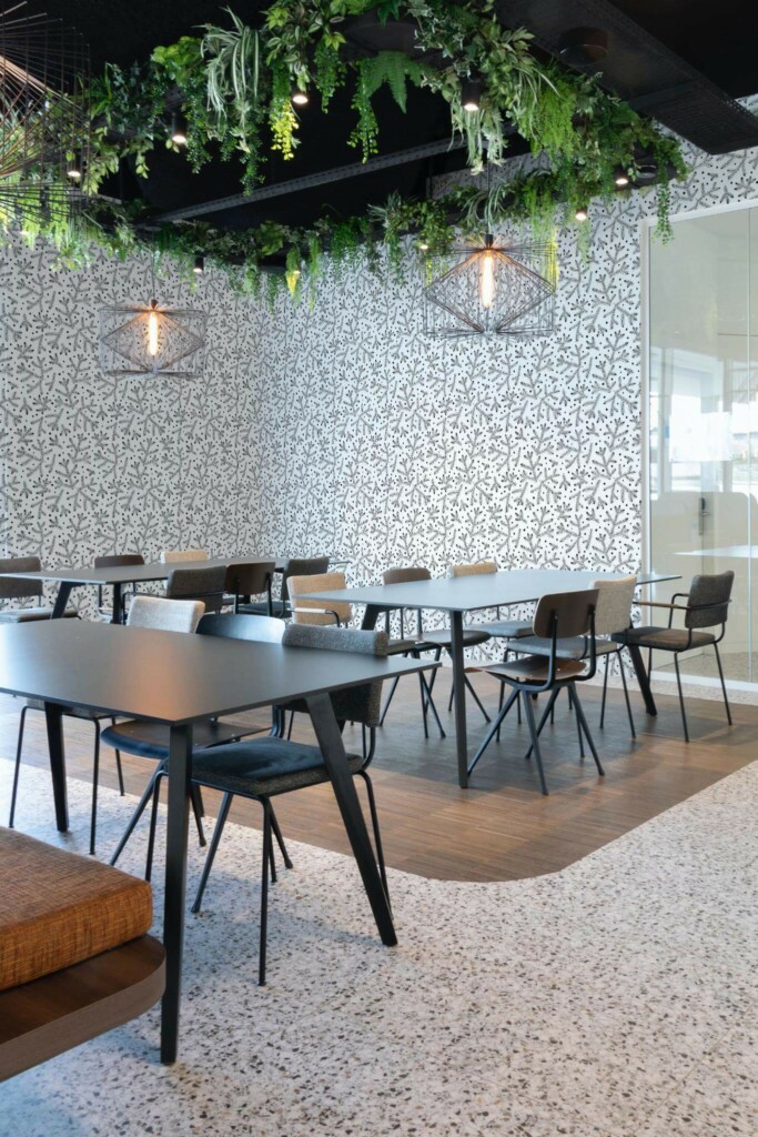 Modern style cafe decorated with Branches and dots peel and stick wallpaper