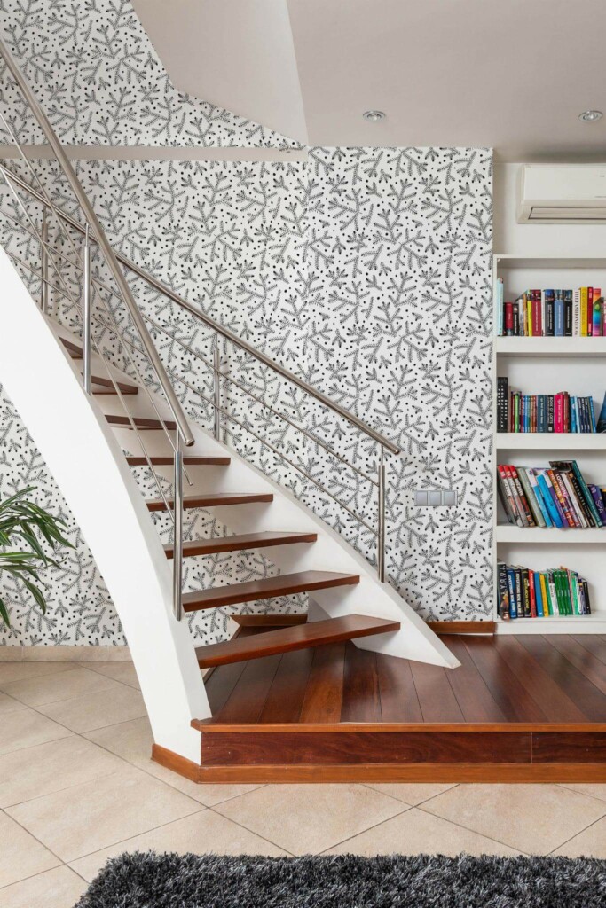 Modern style hallway with stairs decorated with Branches and dots peel and stick wallpaper