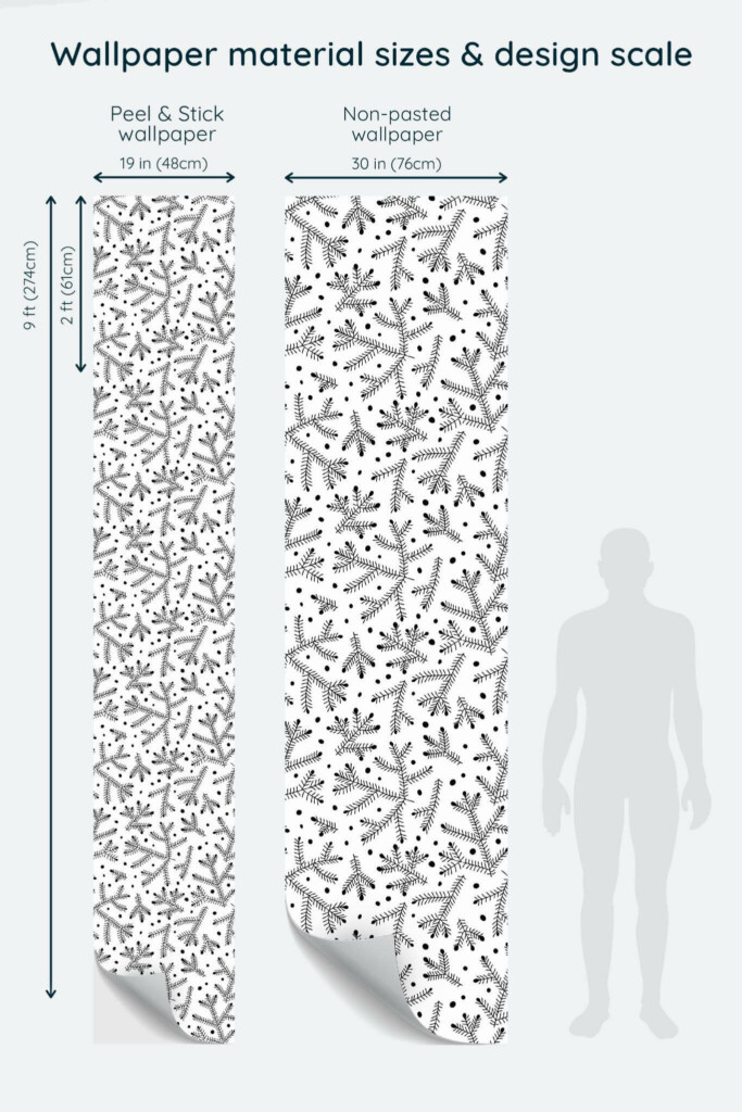Size comparison of Branches and dots Peel & Stick and Non-pasted wallpapers with design scale relative to human figure