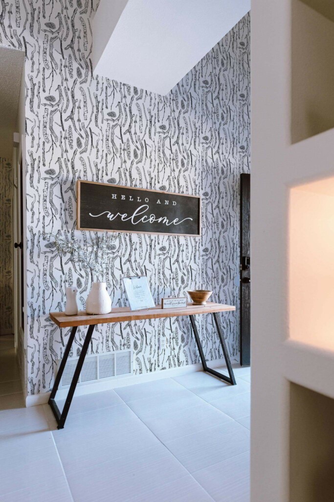 Minimal farmhouse style entryway decorated with Branches peel and stick wallpaper