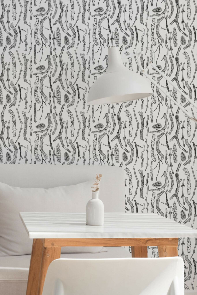 Minimal style dining room decorated with Branches peel and stick wallpaper