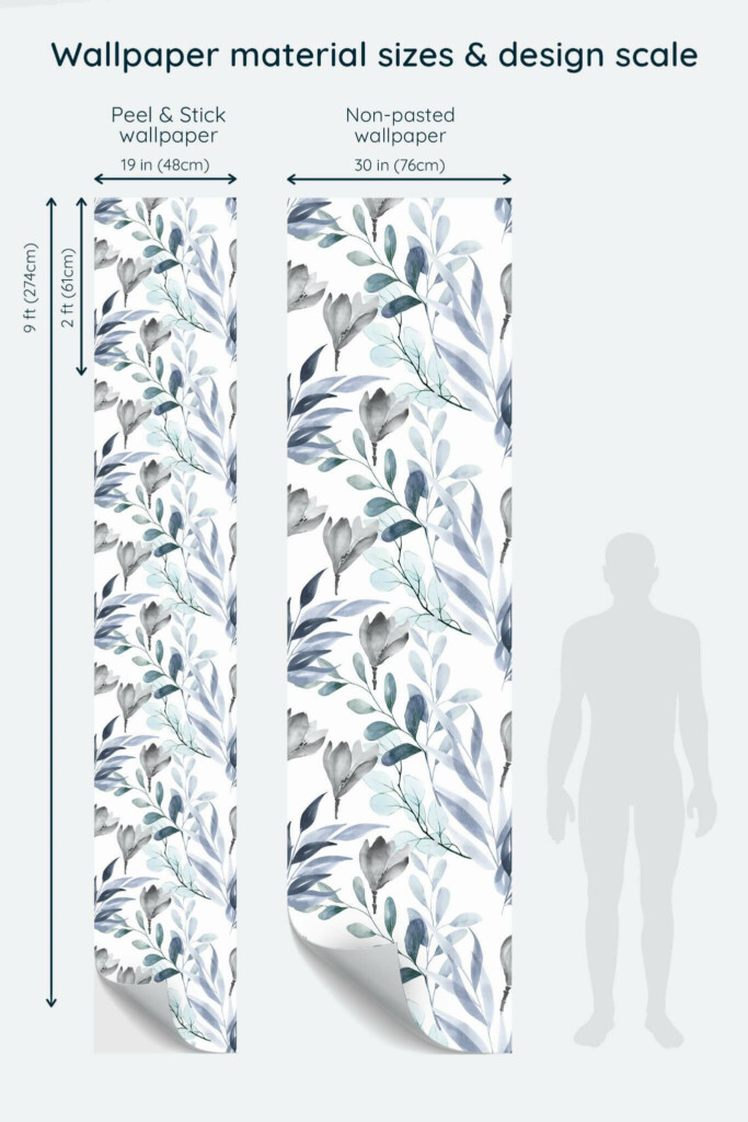 Size comparison of Breezy Blues Peel & Stick and Non-pasted wallpapers with design scale relative to human figure