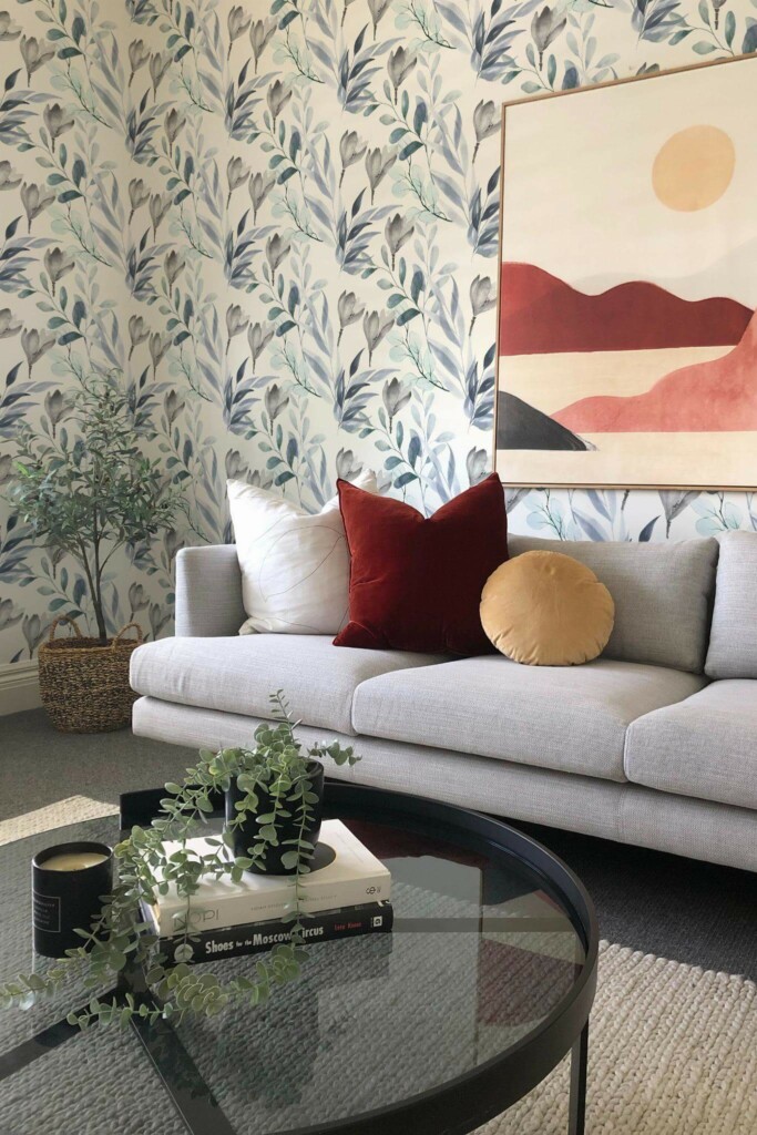 Boho style living room decorated with Breezy leaves peel and stick wallpaper