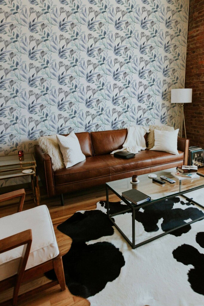 Mid-century modern style living room decorated with Breezy leaves peel and stick wallpaper