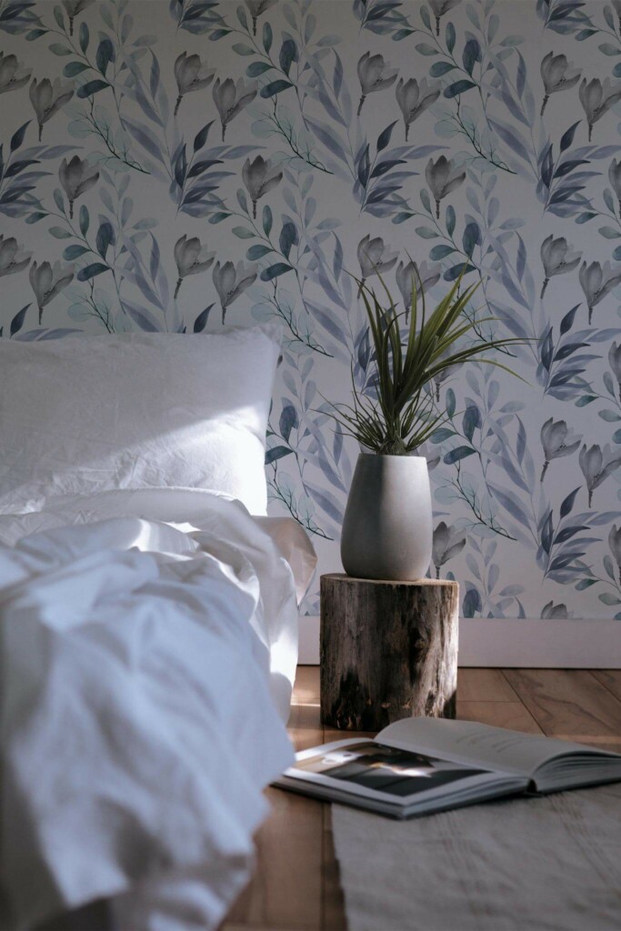 Minimal scandinavian style bedroom decorated with Breezy leaves peel and stick wallpaper