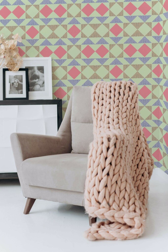 Boho style living room decorated with Bright colorful geometric peel and stick wallpaper