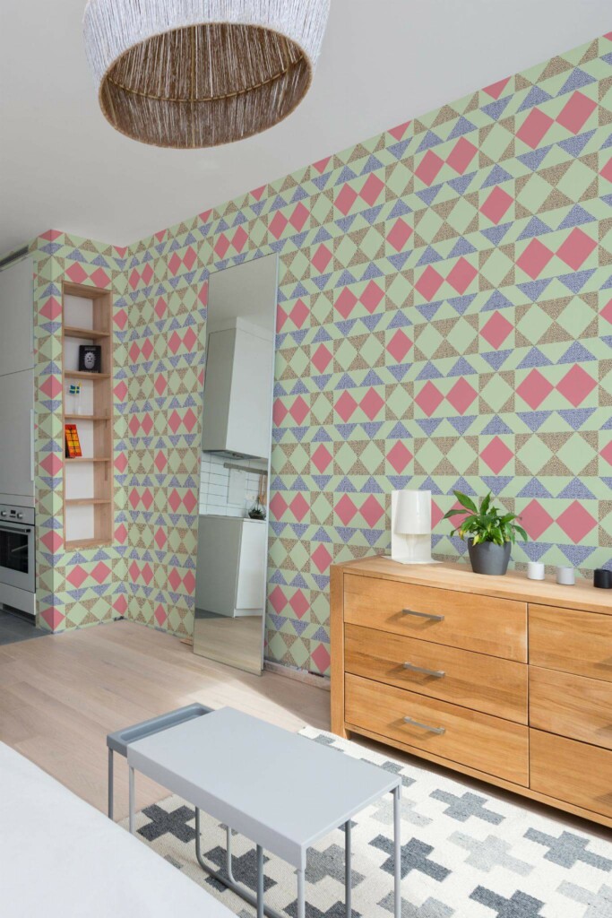 Scandinavian style small apartment decorated with Bright colorful geometric peel and stick wallpaper