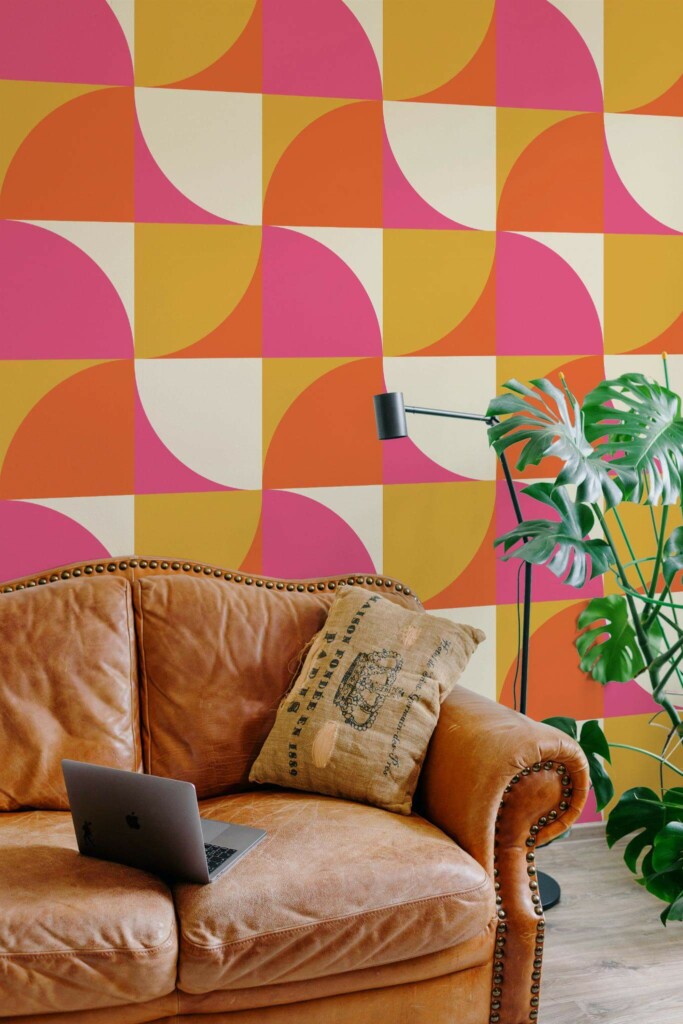 Mid-century modern style living room decorated with Bright curves peel and stick wallpaper