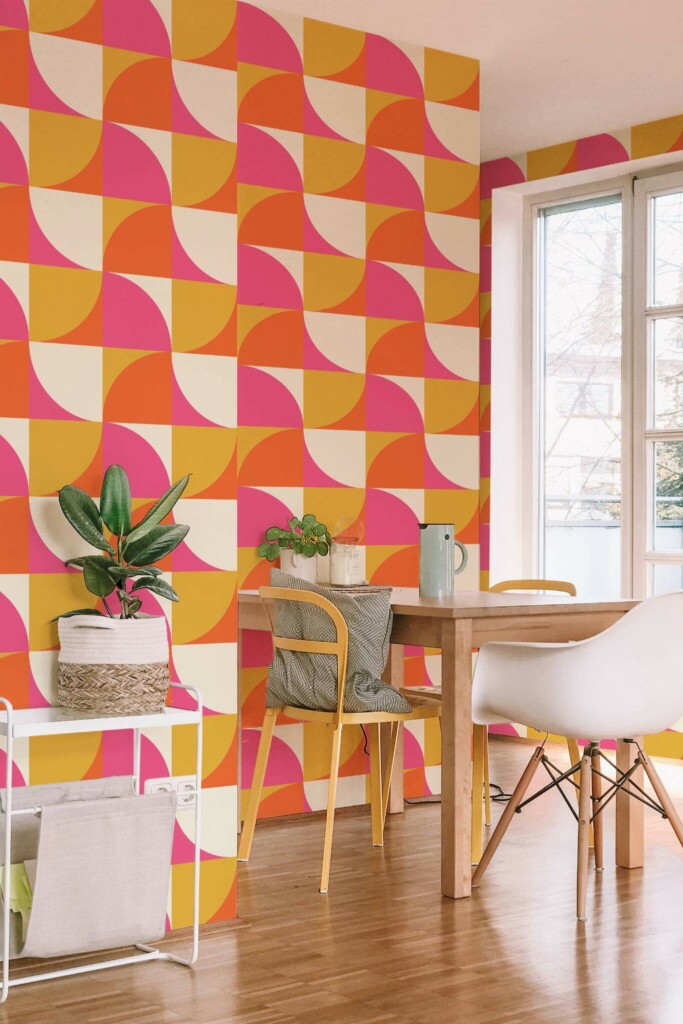 Minimal scandinavian style dining room decorated with Bright curves peel and stick wallpaper