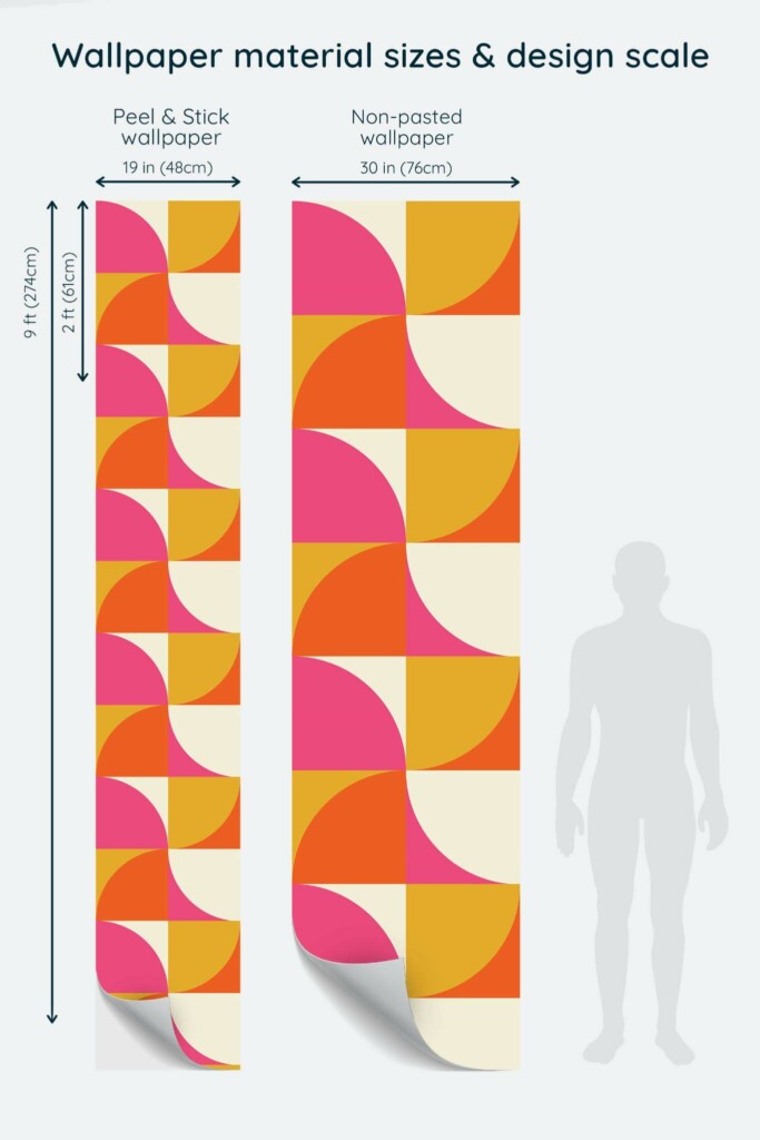 Size comparison of Bright curves Peel & Stick and Non-pasted wallpapers with design scale relative to human figure