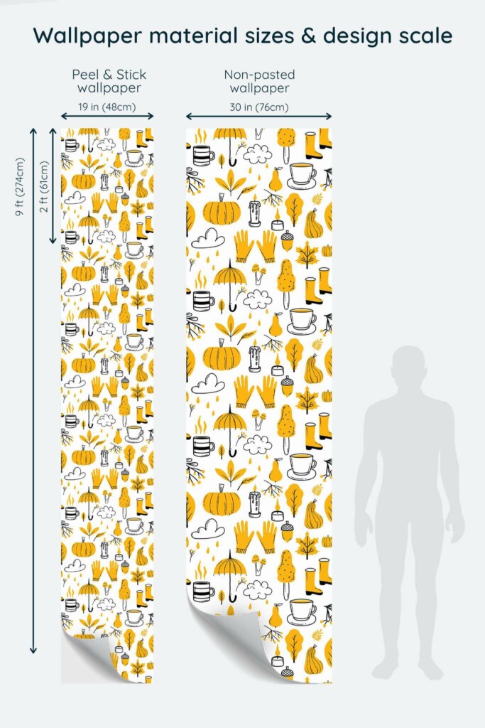 Size comparison of Bright fall Peel & Stick and Non-pasted wallpapers with design scale relative to human figure