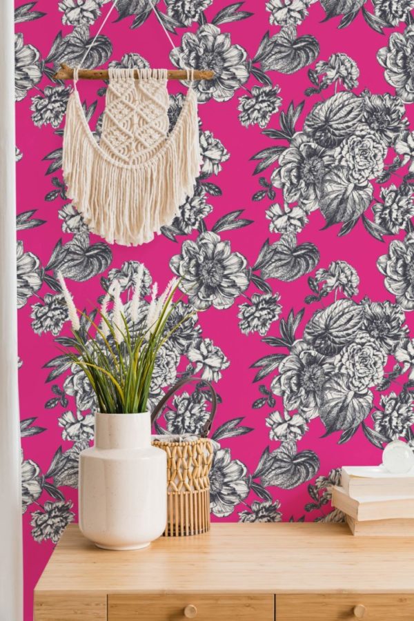 Hot pink floral peel and stick wallpaper