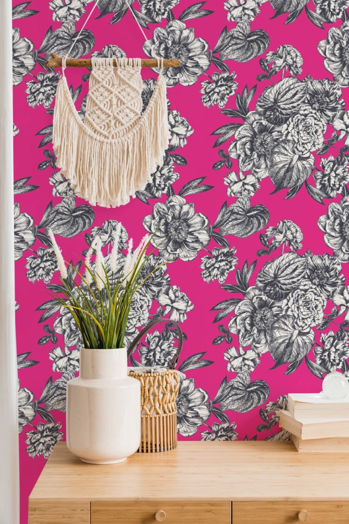 Hot pink floral Wallpaper - Peel and Stick or Non-Pasted
