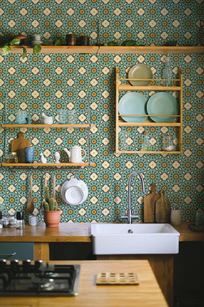 Rustic farmhouse style kitchen decorated with Bright floral Geometric peel and stick wallpaper