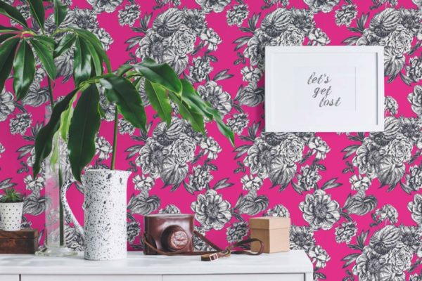 Hot pink floral stick on wallpaper