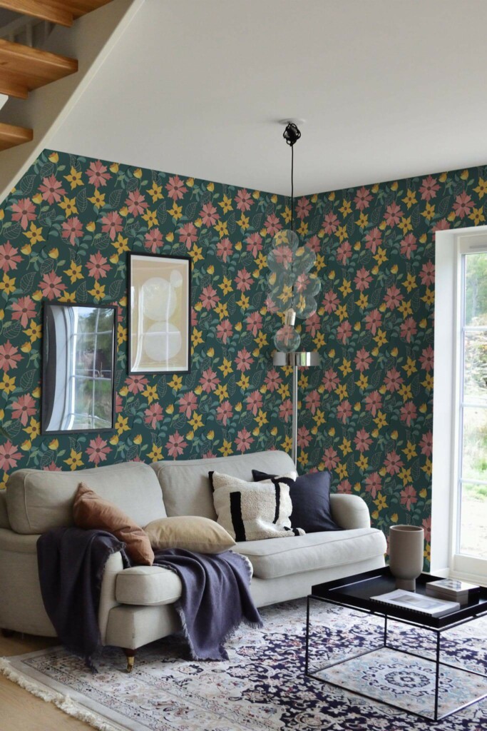 Contemporary style living room and kitchendecorated with Bright flower peel and stick wallpaper