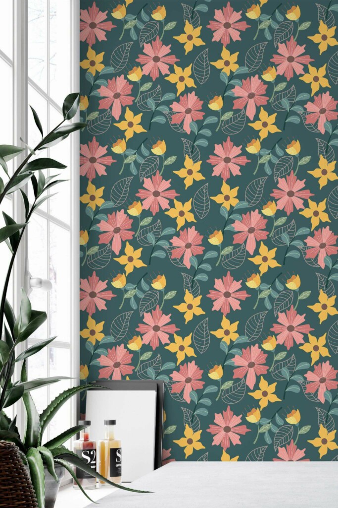 Minimal style home office decorated with Bright flower peel and stick wallpaper