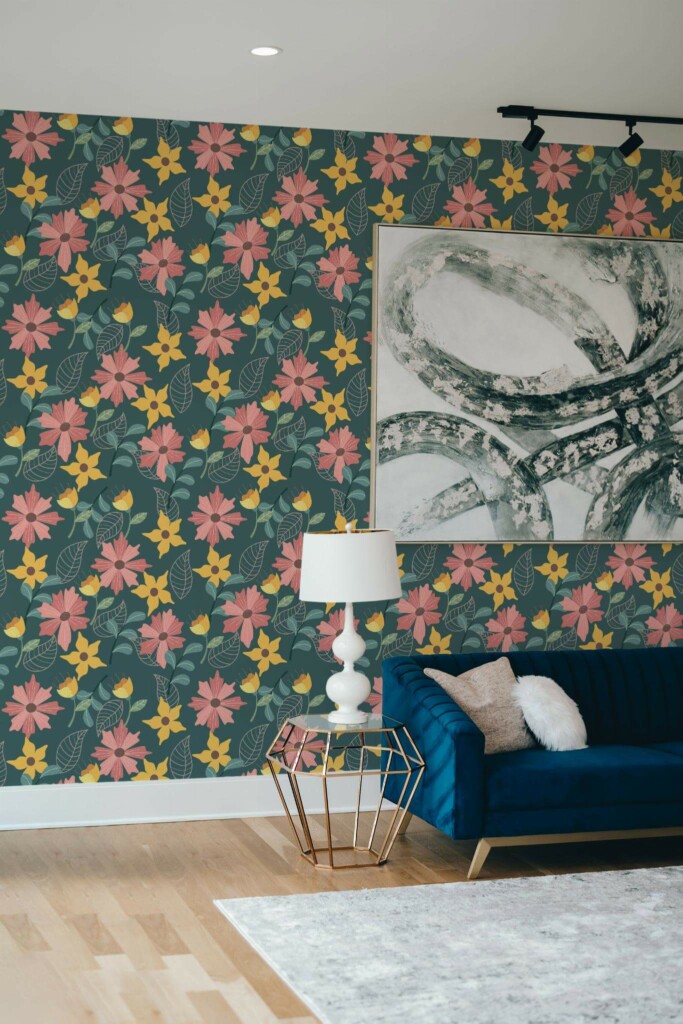 Modern style living room decorated with Bright flower peel and stick wallpaper