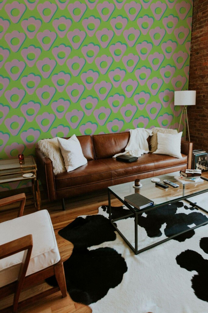 Mid-century modern style living room decorated with Bright flowers peel and stick wallpaper