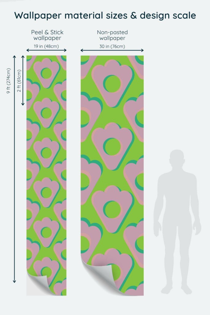 Size comparison of Bright flowers Peel & Stick and Non-pasted wallpapers with design scale relative to human figure