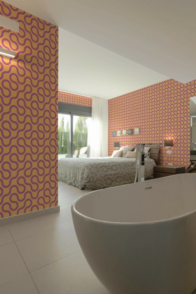 Modern style bedroom with open bathroom decorated with Bright geometric lines peel and stick wallpaper