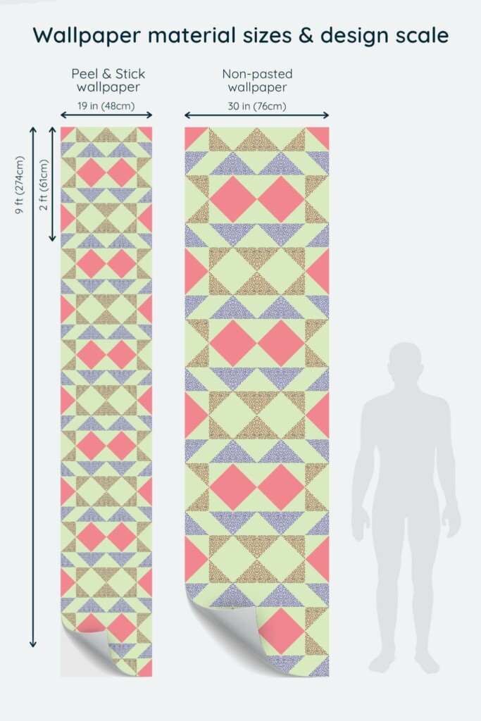 Size comparison of Bright geometric Peel & Stick and Non-pasted wallpapers with design scale relative to human figure