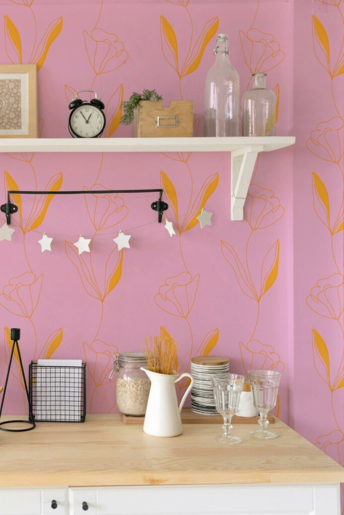 Light farmhouse style kitchen decorated with Bright lined flower peel and stick wallpaper
