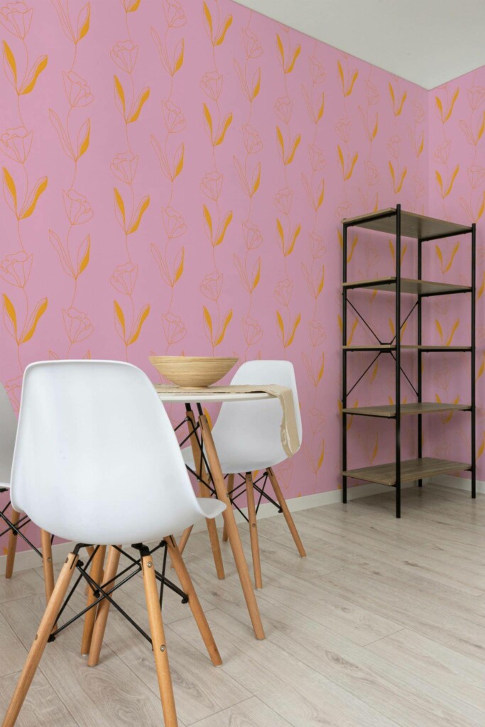 Minimalist style dining room decorated with Bright lined flower peel and stick wallpaper