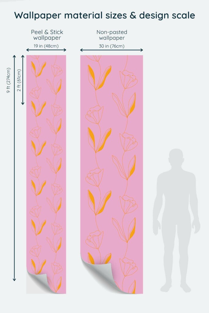 Size comparison of Bright lined flower Peel & Stick and Non-pasted wallpapers with design scale relative to human figure
