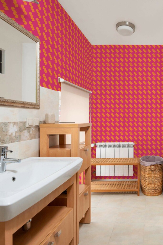 Mid-century modern style bathroom decorated with Bright pink and orange peel and stick wallpaper