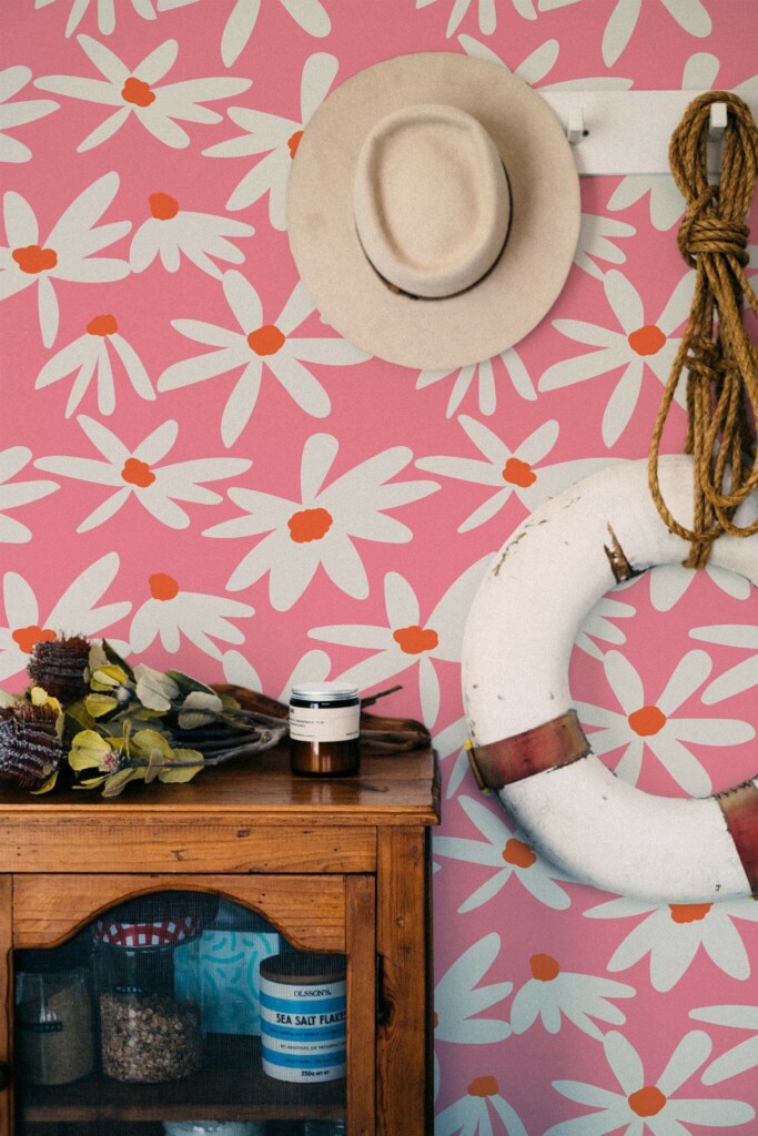 Coastal nautical style living room decorated with Bright pink daisies peel and stick wallpaper
