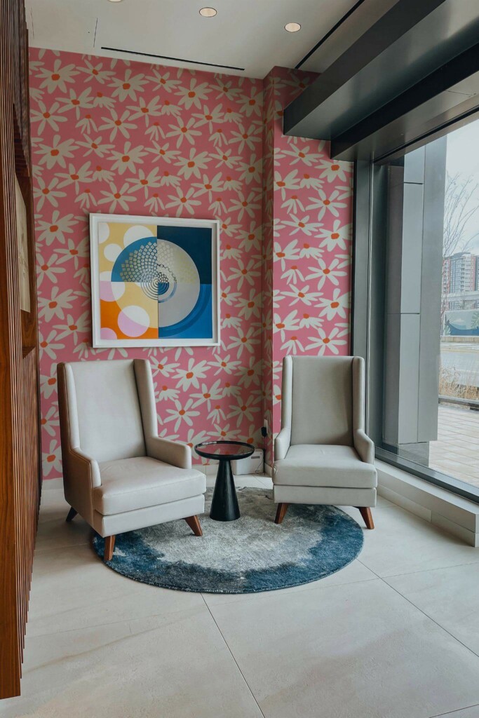 Mid-century-modern style living room decorated with Bright pink daisies peel and stick wallpaper