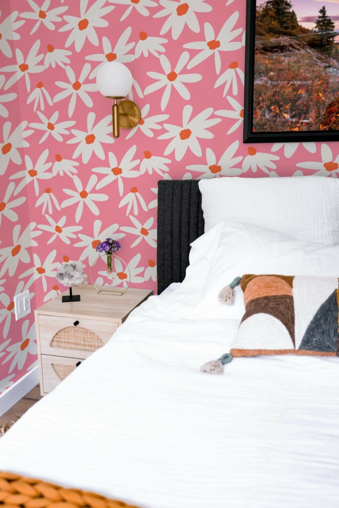 Modern style bedroom decorated with Bright pink daisies peel and stick wallpaper