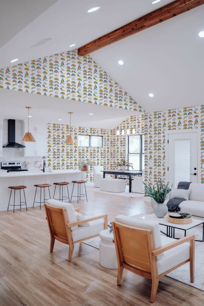 Contemporary style living room and kitchendecorated with Bright Rainbow peel and stick wallpaper