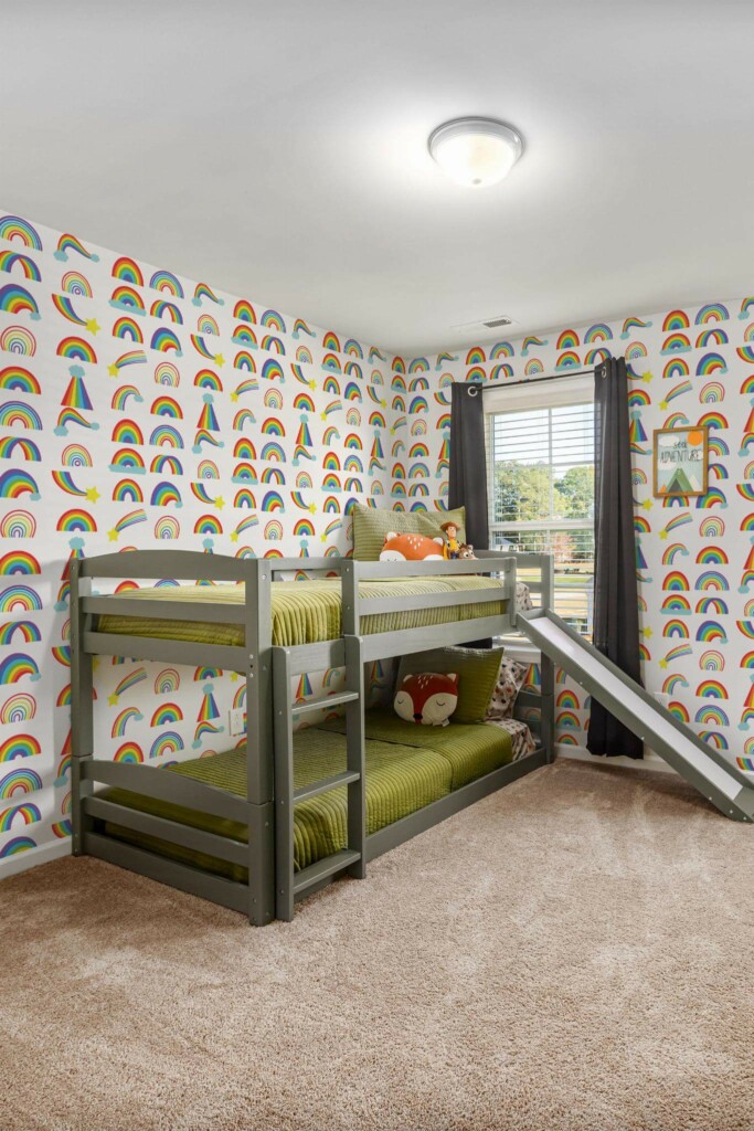 MId-century modern style kids room decorated with Bright Rainbow peel and stick wallpaper